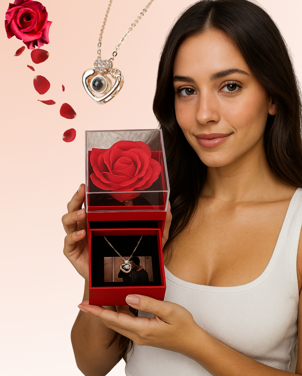 COLLAR TE AMO EN 100 IDIOMAS + COFRE DE ROSAS ETERNAS