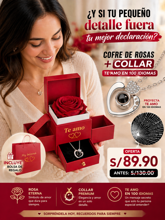 COLLAR TE AMO EN 100 IDIOMAS + COFRE DE ROSAS ETERNAS