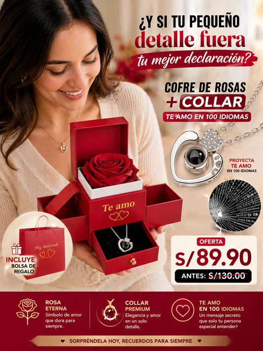 COLLAR TE AMO EN 100 IDIOMAS + COFRE DE ROSAS ETERNAS